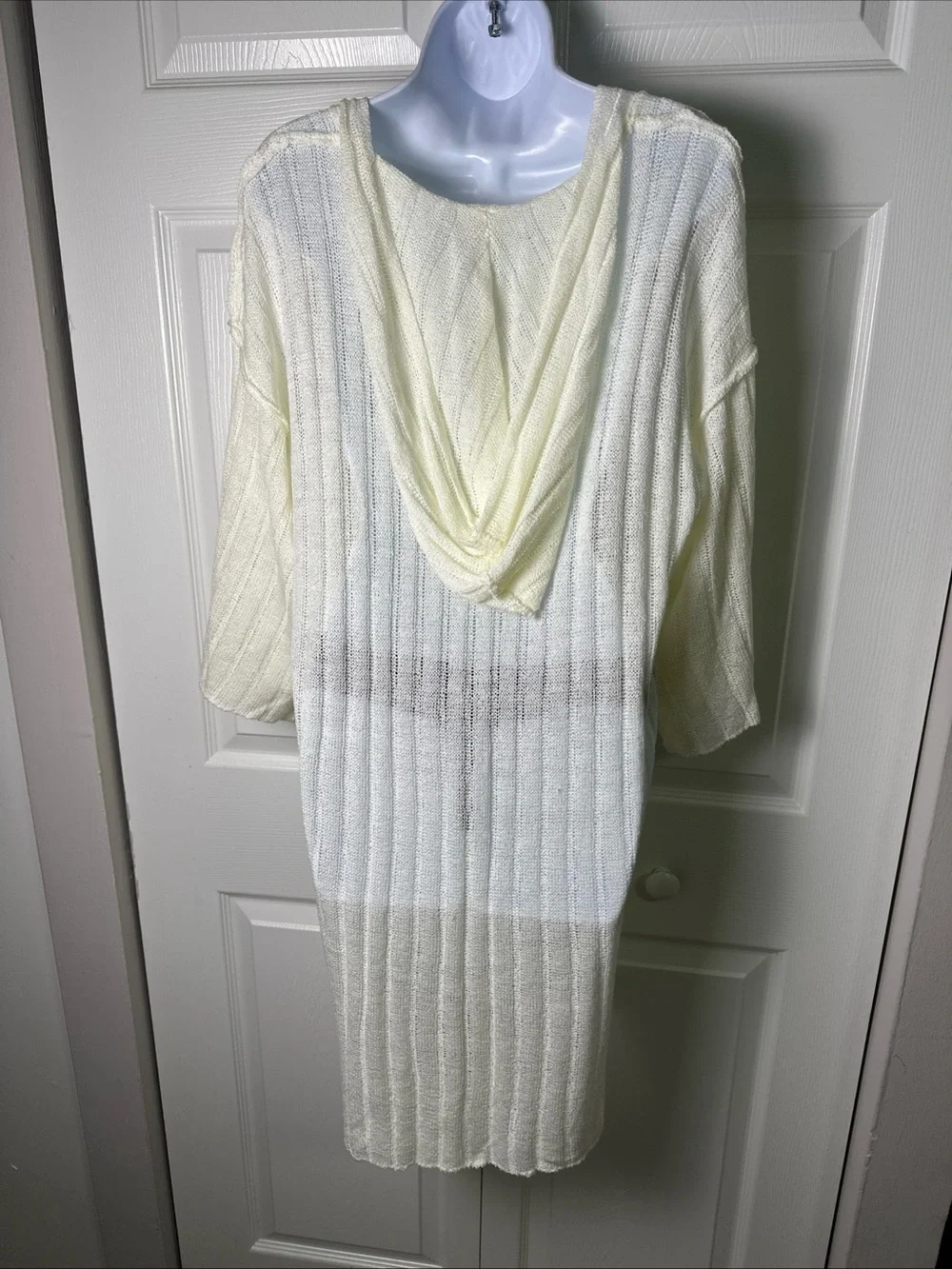 POL Lightweight Cream Ribbed V-Neck Long Sweater With Long Slit & Hood